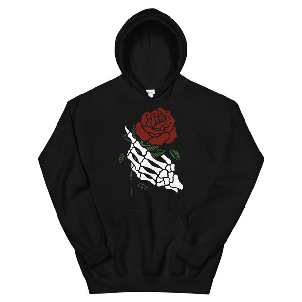 los-angeles-death-and-seduction-goth-streetwear-punk-rock-skulls-skeleton-holding-rose-Apparel & Accessories > Clothing (1604) - Beautiful Death Hand Rose | Unisex Hoodie