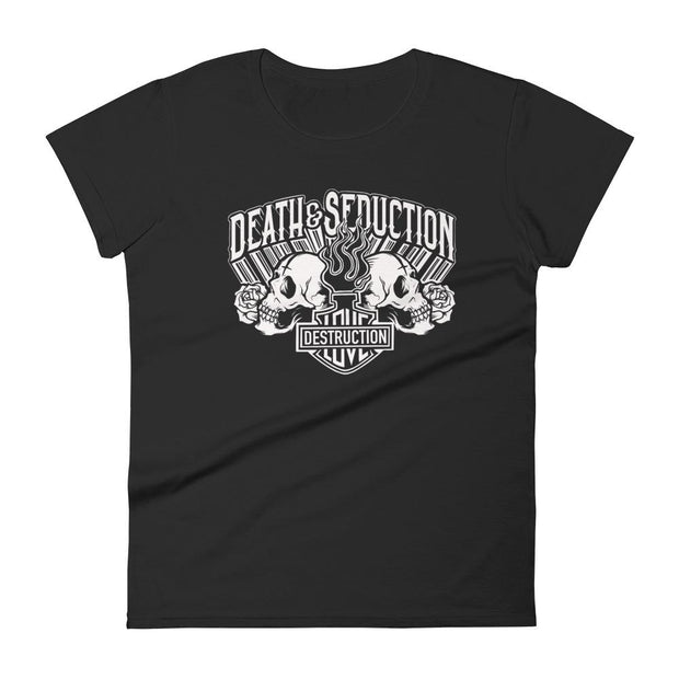 os-angeles-death-and-seduction-goth-streetwear-punk-rock-skulls-skeleton-cafe-racer-vintage-harley-davidson-indian-motocycle-sacred-heart-flames-Apparel & Accessories > Clothing (1604) - Love And Destruction Women's Short Sleeve T-shirt